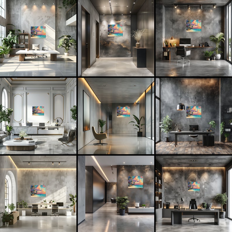 Tropical Beach Canvas Wall Art, Vibrant Palm Trees Sunset Painting Blue