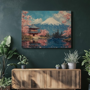 Japanese Canvas Wall Art with Mount Fuji Pagoda and Cherry Blossom Scenery - Scenic Japan Landscape Print for Living Room Decor