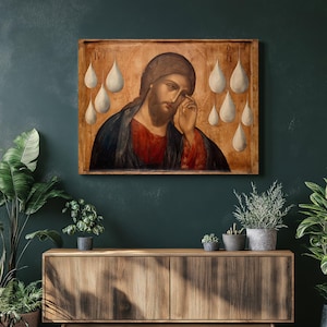 Jesus Christ Canvas Wall Art - Byzantine Icon Sorrowful Christ Print Traditional Painting for Religious Spiritual Home Decor Gift