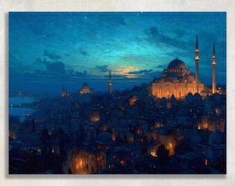 Cuadro decorativo de pared con imagen de una mezquita al atardecer en Somalia - Pintura del horizonte de Mogadiscio - Escena nocturna de la ciudad africana - Decoración de pared para viajes al Cuerno de África