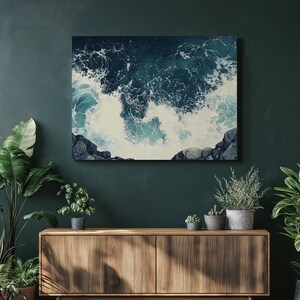 Ocean Cliffs Canvas Wall Art – Crashing Waves Seascape Print, Modern Coastal Decor for Living Room Entryway, Dramatic Beach Scene Artwork