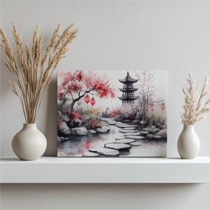 Serene Pagoda Cherry Blossom Lanterns Canvas Wall Art - Asian Garden Landscape Decor for Living Room, Bedroom Office, Tranquil Nature Art