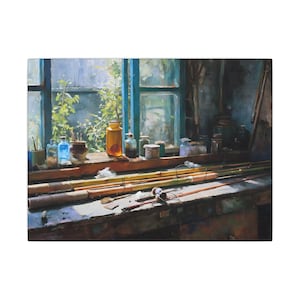 Fly Rod Builder Workshop Canvas Wall Art, Bamboo Fishing Rod Bench Oil Painting, Rustic Cabin Decor for Anglers and Makers Print