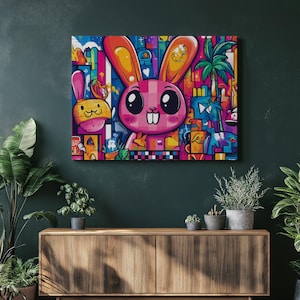 Colorful Cartoon Rabbit Canvas Wall Art – Abstract Graffiti Urban Mural for Living Room, Kids Playroom, Office Boho Decor