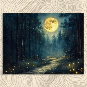 Mystical Forest Canvas Wall Art - Full Moon Nature Painting Starry Night Forest Painting Moonlight Artwork Fireflies Print Moon Phases