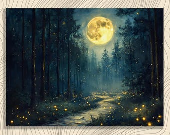 満月の風景画 松の木 オリジナルアート 夜の森 油絵 月光