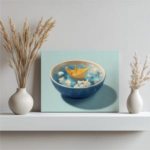 Arte de parede em tela minimalista de barco de papel – Impressão de decoração náutica, natureza morta moderna, tigela de água azul, flores de origami, pintura contemporânea, presente