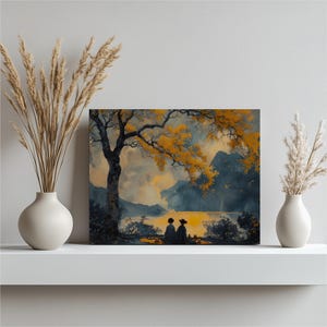 Picnicking canvas wall art, vintage landscape decor painting for home office living room, handmade picnic scenery on canvas, Art for Bedroom