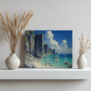 Serene Coastal Canvas Wandkunst - Strand Ozean Landschaftsgemälde mit Klippen, tropische Natur Wohnkultur für Wohnzimmer - Hohe Qualität
