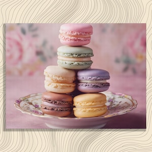 Pastel Macaron Canvas Wall Art - French Dessert Still Life Print Colorful Bakery Decor Macarons Tower Kitchen Art Gift for Foodies Bakers