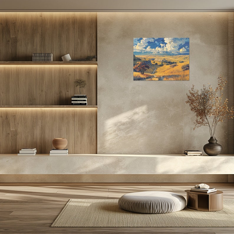 Intricately detailed oil painting on canvas illustrating Nebraska's scenic plains, a high-resolution art piece that infuses your space with the nostalgic charm and vibrant history of the Midwestern USA.