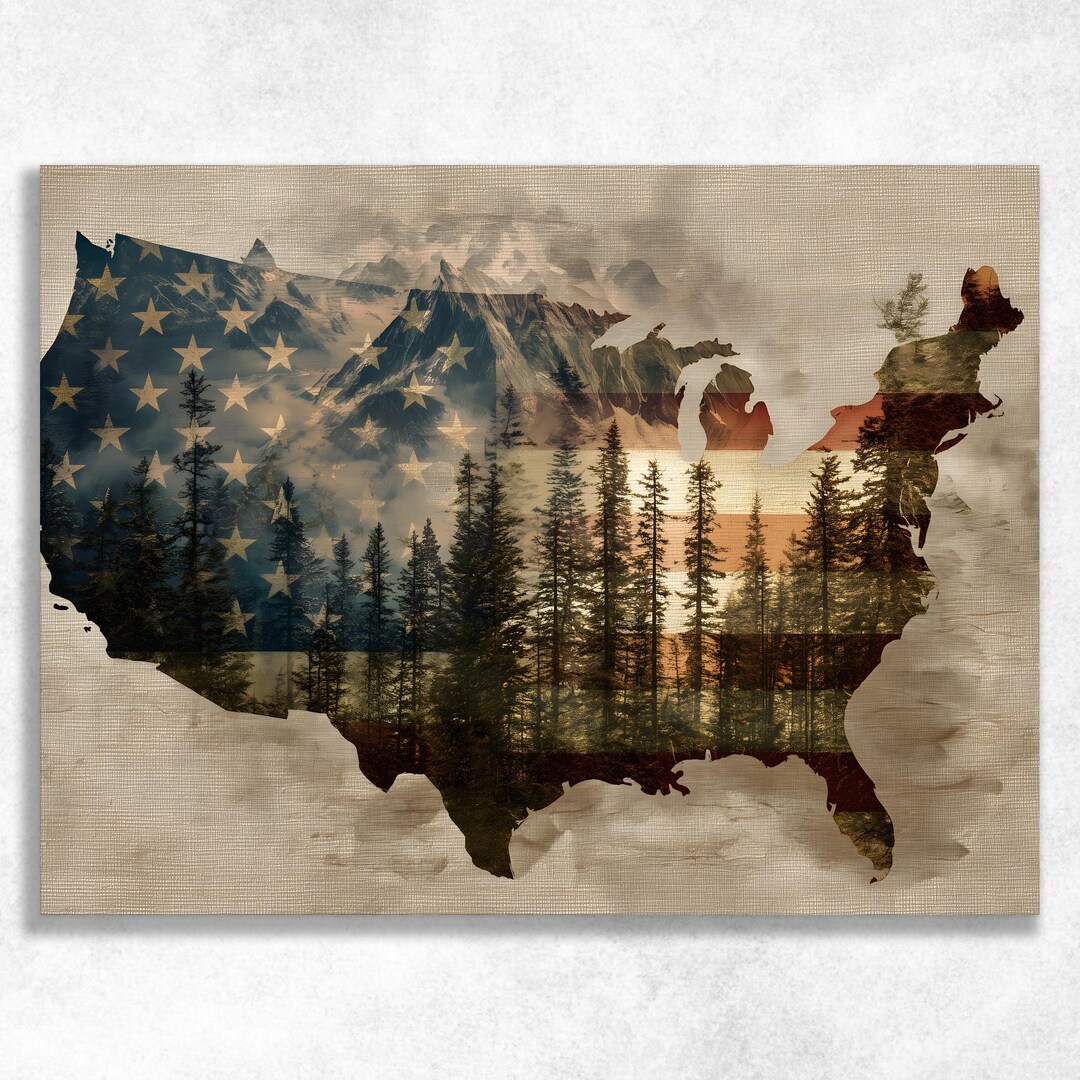 USA Map Canvas Wall Art - Vintage Flag Double Exposure Mountains and