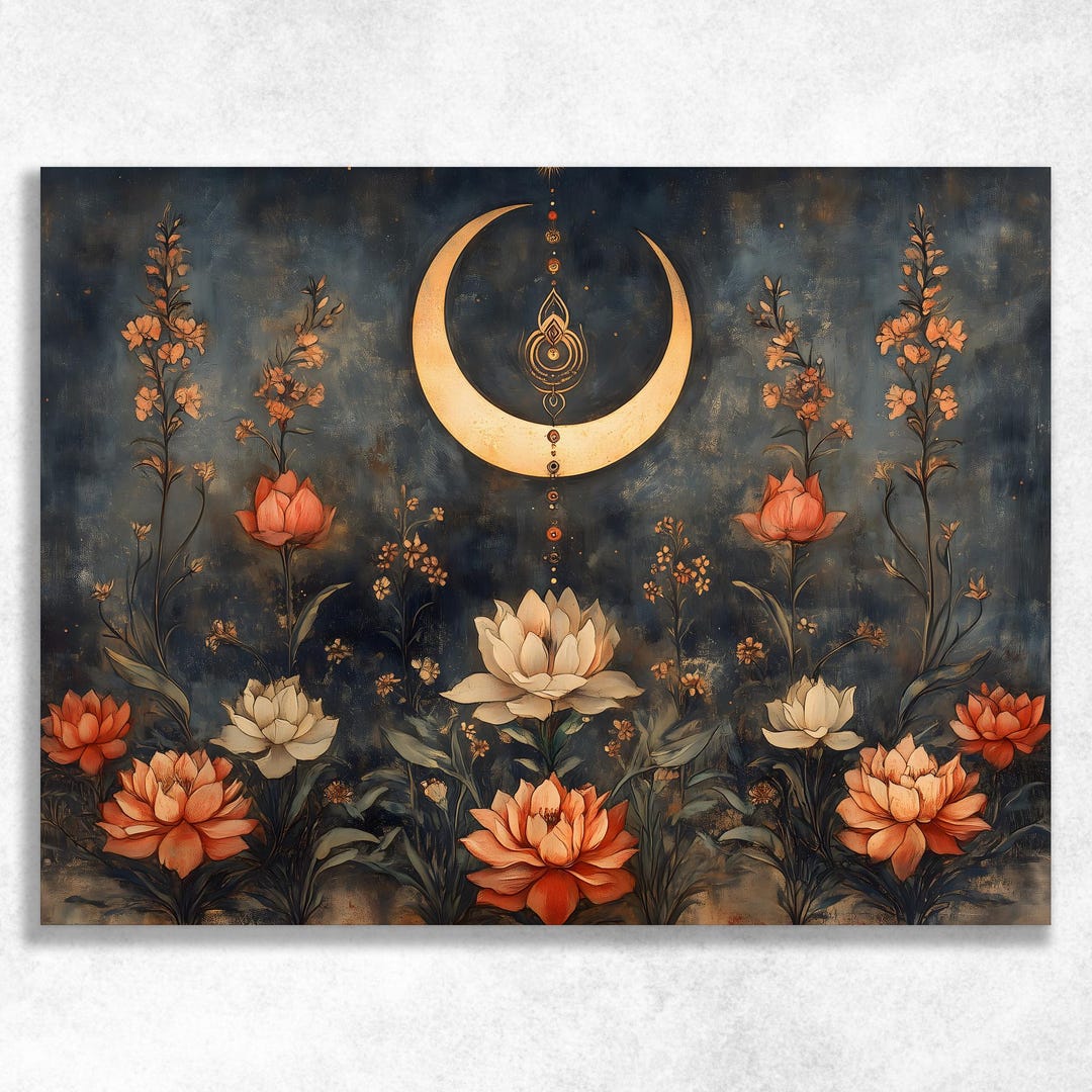 Mystic Lotus Moon Canvas Wall Art - Boho Celestial Floral Print Gold ...
