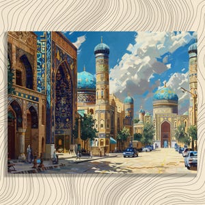 Test 3 mockup for Uzbekistan Canvas Wall Art, traditional Silk Road bazaar painting, high detail, nostalgic Uzbek tilework, super realistic oil painting