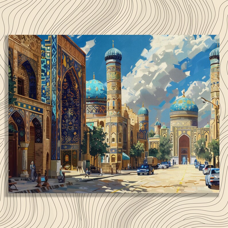 Test 3 mockup for Uzbekistan Canvas Wall Art, traditional Silk Road bazaar painting, high detail, nostalgic Uzbek tilework, super realistic oil painting