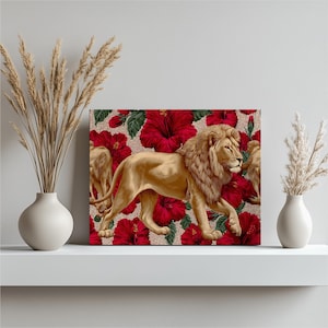 Majestic Lion Canvas Wall Art – Tropical floral pattern illustration print vibrant hibiscus botanical decor stylish home wall statement