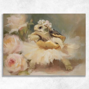 May include: A digital painting of a turtle wearing a white floral crown and a layered, pale yellow tulle tutu. The turtle is positioned among soft, painterly light pink and cream-colored roses, rendered in a delicate, impressionistic style.