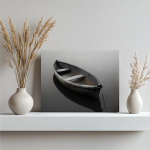 Rowboat Canvas Wall Art for Home Décor, Black and White Rowboat Picture with Brown Boat, Nautical Artwork, Large Canvas Print