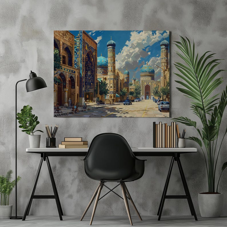 ABCD test mockup for Uzbekistan Canvas Wall Art, traditional Silk Road bazaar painting, high detail, nostalgic Uzbek tilework, super realistic oil painting