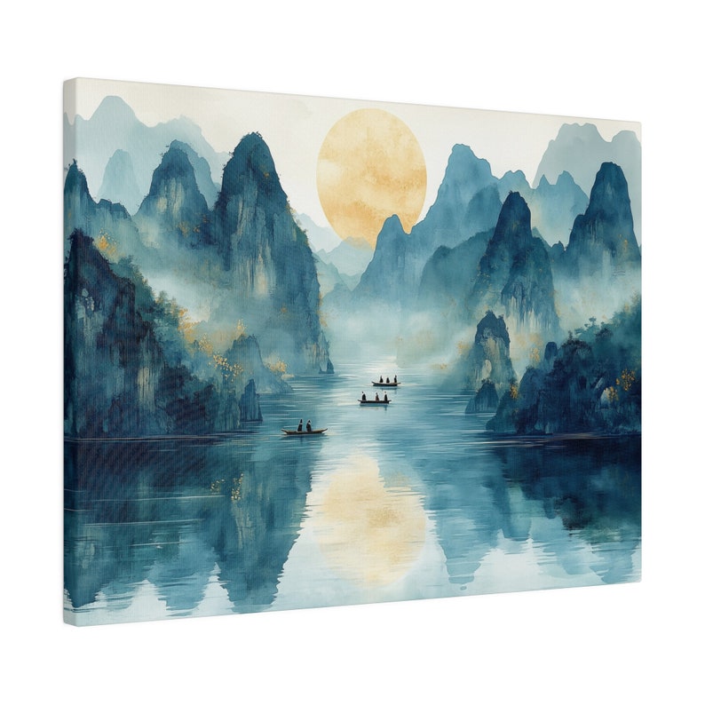 Li River Karst Mountains Canvas Wall Art, Vibrant Watercolor Painting