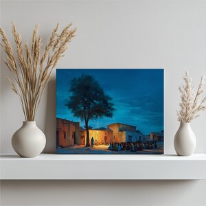 Vibrant village canvas wall art – colorful evening courtyard with lantern glow and blue night sky storytelling print home decor gift
