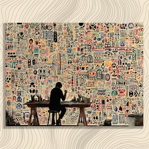 Puede incluir: Un artista vestido de negro está sentado en una mesa de madera, pintando un gran lienzo lleno de formas y símbolos abstractos coloridos. La obra de arte es una vibrante mezcla de colores y patrones, con un fondo neutro.