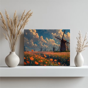 Niederländisches Leinwandbild, beeindruckendes Ölgemälde von niederländischen Windmühlen und Tulpenfeldern, detailreich, nostalgisch und traditionell – Kunst für Ihr Zuhause
