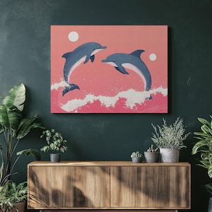 Verspielte Delfine Leinwand Wandkunst - Rosa Ozeanwelle Gemälde für Küstenstrand Dekor, tropische Delfine Kunstdruck Wohnzimmer Kinderzimmer