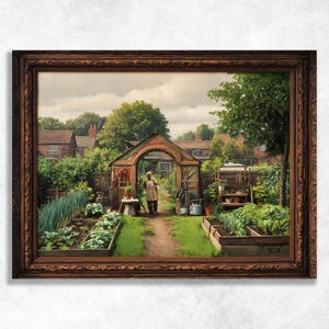 May include: A framed painting depicts a serene garden scene. A person stands near a wooden arched entrance to a greenhouse. Raised garden beds are filled with vegetables. The artwork is set in a brown ornate frame.