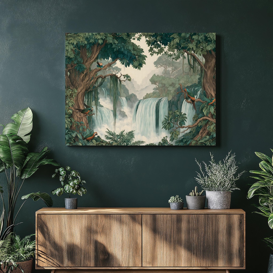 Tropical Waterfall Rainforest Canvas Wall Art – Lush Jungle Scene With ...