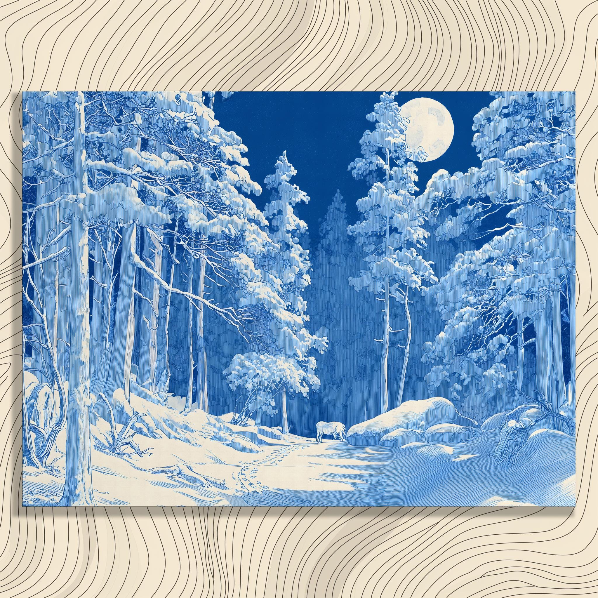 雪の森のキャンバスウォールアート - 月明かりに照らされた冬の風景