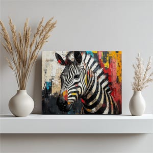 Arte de parede em tela de zebra moderna, impressão abstrata ousada e colorida, decoração animal exclusiva, perfeita para casa ou escritório, arte esticada e atraente