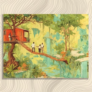 Magical Treehouse Canvas Wall Art – Surrealist Landscape Print with Waterfall Bridge and Forest Painting for Unique Fantasy Gift Decor