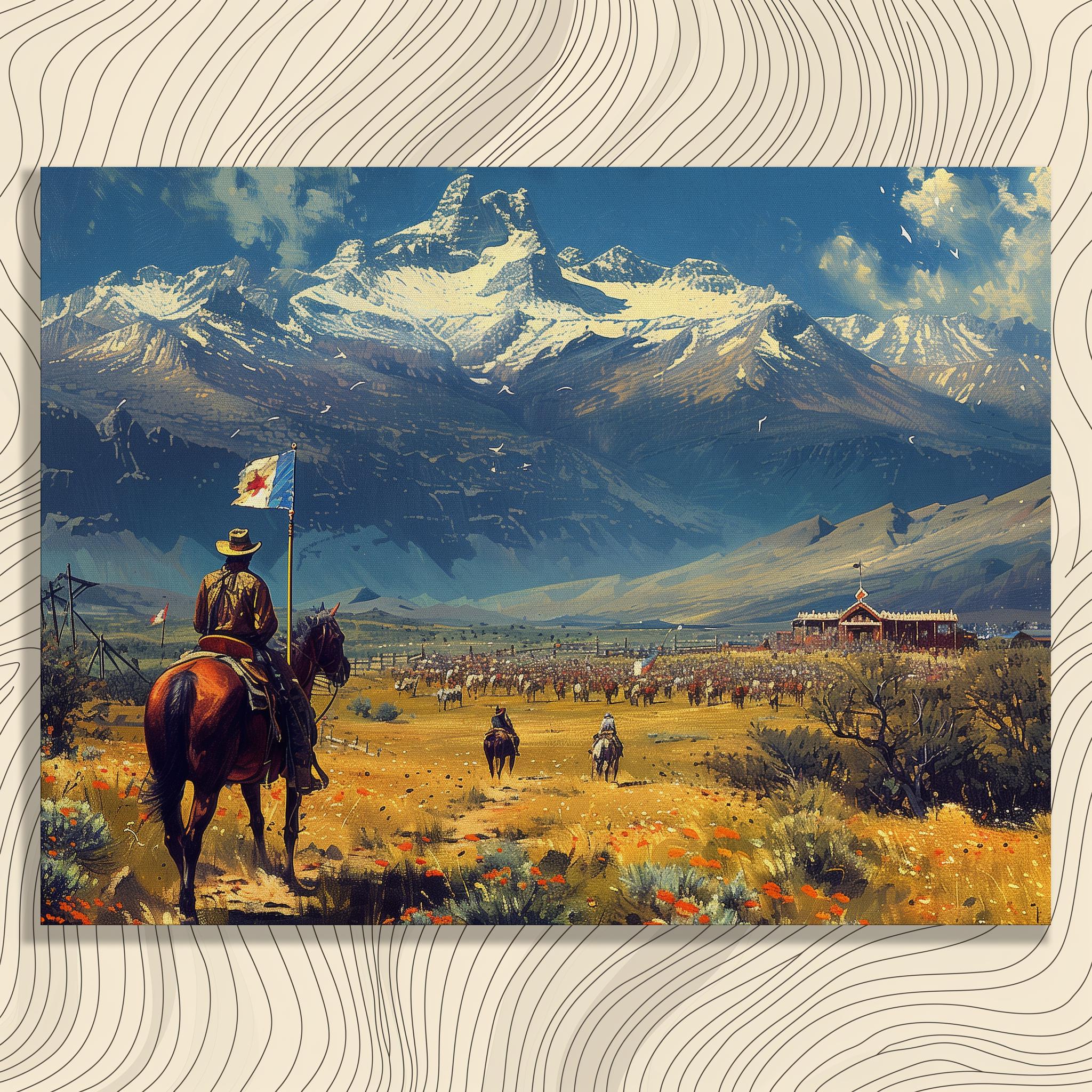 Chile Canvas Wall Art , Breathtaking Andes Mountains Scenery, Traditional Rodeo in Nostalgic Oil Painting, Classic Decor, Perfect for Living