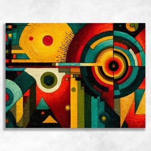May include: An abstract painting featuring a vibrant composition of geometric shapes, including large yellow circles, concentric rings in red, orange, and teal, and sharp triangular forms. The textured surface displays a bold palette of primary colors.