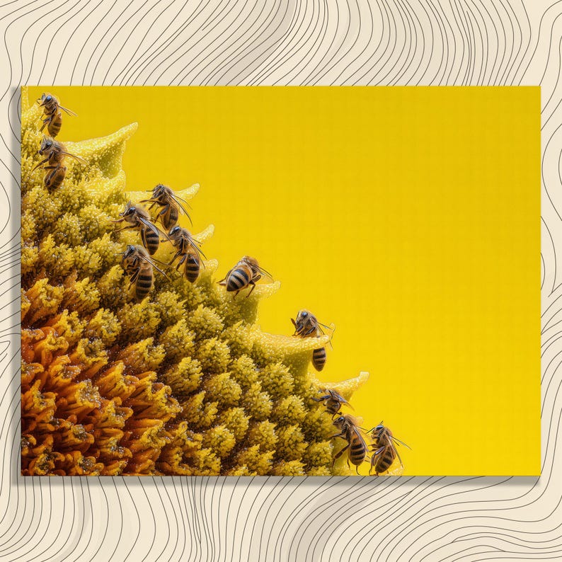 Sunflower Bees Macro canvas wall art – Vibrant nature photography pollination closeup yellow flower wildlife print colorful macro canvas image 3