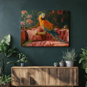 Tropical Parrot Canvas Wall Art, vibrant bird painting, nature decor, tropical home accent, colorful parrot portrait, framed bird artwork