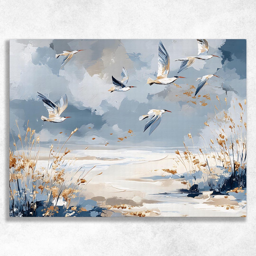 Coastal Seabirds Canvas Wall Art – Modern Beach Dunes Ocean Painting ...