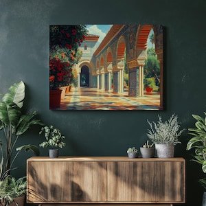 Andalusia Malaga Ronda Canvas Wall Art, Spanish Architecture Tile Arches Courtyard, Contemporary Bohemian Boho Garden Home Decor
