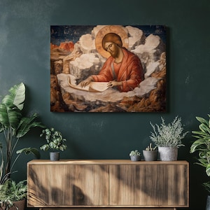 Jesus Christ Icon Canvas Wall Art – Byzantine traditional painting print of scripture scene with halo clouds and mountains decor faith gift