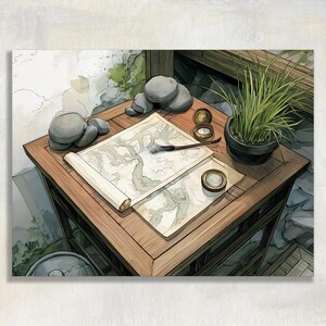 May include: A wooden table holds a rolled parchment map with ink drawings, a calligraphy brush, a small brass compass, a circular ink stone, and a potted green plant. Several smooth grey stones are arranged near the edge of the table.