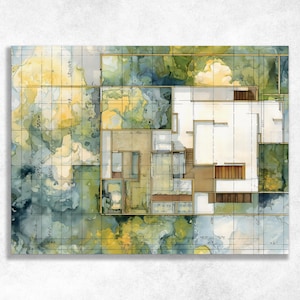 Op de afbeelding: Architecturale aquarelweergave van een modern huis. Het ontwerp toont een witte structuur met bruine accenten, tegen een achtergrond van abstracte groene, gele en blauwe aquarelwashes. Een rasteroverlay voegt een technisch element toe aan de artistieke presentatie.