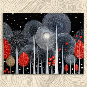 May include: Abstract art print featuring a stylized forest scene. The artwork showcases tall, white tree trunks and circular, dotted tree canopies in shades of gray and white against a black background. Red, dotted trees and berries add pops of color.