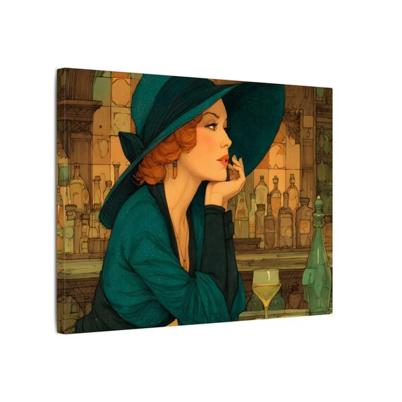 art deco painting woman in green dress Canvas Wall Art – Vintage Bar Scene Elegant Lady Print Hat Profile Portrait Cocktail Lounge Martini Glass Teal danasept
