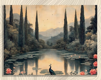 Serene Peacock Canvas Wall Art - nature landscape print with lake reflection and blooming flowers classic scenic green blue decor