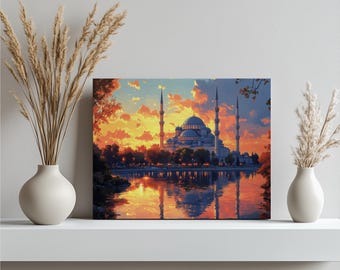 Blue Mosque Canvas Wall Art, Stunning Islamic Decor for Home Mosque Modern Painting Glowing Dome River Reflection Mosque Artwork Gift