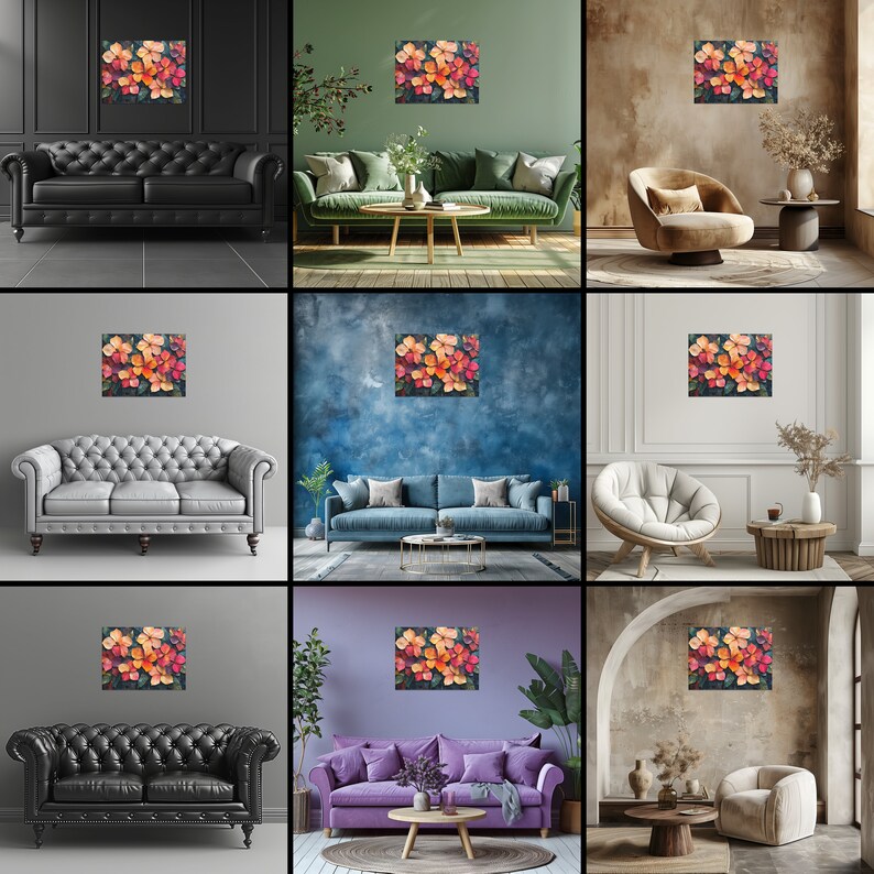 Tropical Collage Canvas Wall Art, Vibrant Exotic Flowers Leaves Mixed