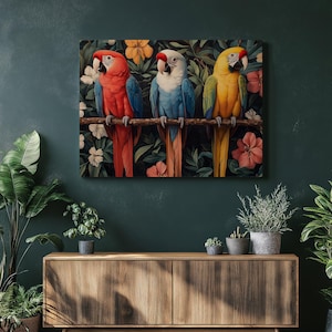 Exotic Parrots Canvas Wall Art Print – Colorful Tropical Bird Painting, Vibrant Nature Decor for Living Room, Unique Bird Lover Gift