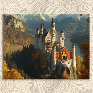 Germany Neuschwanstein Castle canvas wall art, Bavarian Alps autumn decor stunning architecture scenic autumnal scenery, Inexpensive Wallart