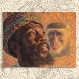 Puede incluir: Un retrato de un hombre con un turbante colorido y una larga barba, mirando hacia arriba. Un mono está posicionado a la derecha del hombre, con un fondo detallado de patrones geométricos y arremolinados. La obra tiene tonos cálidos.